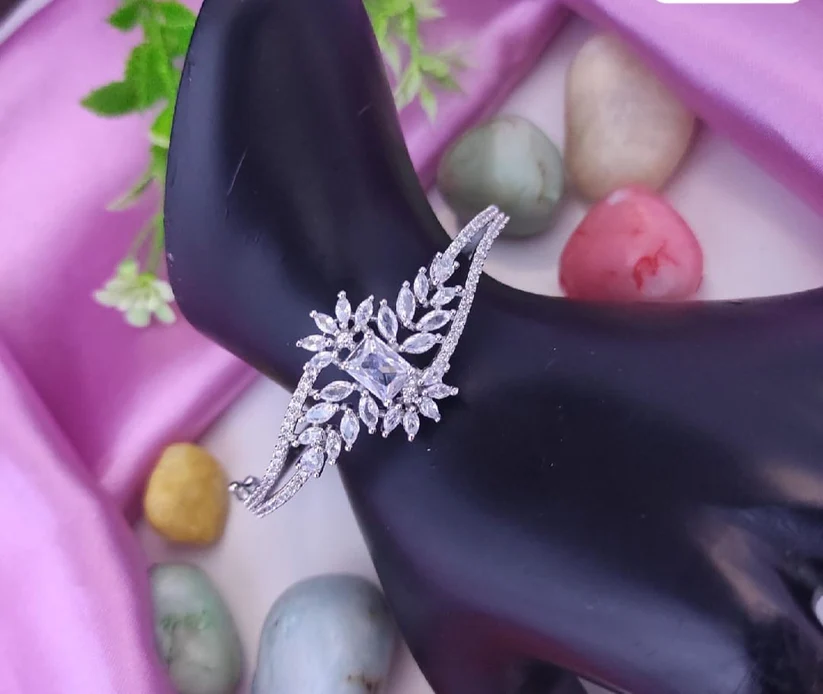 Glamour Rhodium Plated Brass American Diamond Studded Contemporary Silver Plated Leaf & Rectangle Kada Bracelets
